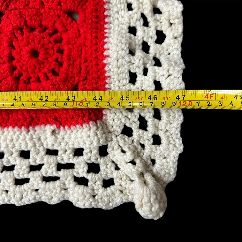 Handmade Crochet Afghan Throw Blanket Rainbow Squares Vintage White Ruffled Edge - Picture 6 of 6